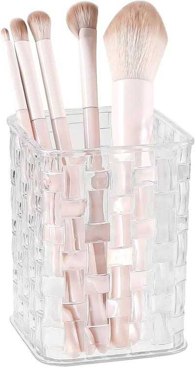 Make-up borstelhouder organizer van acryl met geweven textuur voor badkamer en kantoor, multifunctionele pennenhouder en cosmetische opbergoplossing