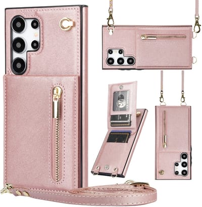 Stravo Portemonnee Hoesje geschikt voor Samsung Galaxy S25 Ultra met Rits, Kaarthouder en Crossbody Lanyard Tas [Afneembare Schouderriem] met Kickstand - Rosé goud