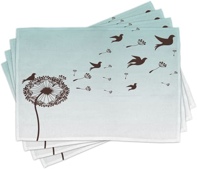 ABAKUHAUS kunst-placematten: paardenbloem-bloemenarrangement, duiven-silhouetten, fantasy-bloemen bedrukt, tafeldecoratie van kleurvaste stoffen voor eetkamer en keuken, turkoois-bruin