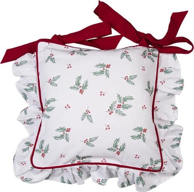 Clayre & Eef Kussenhoes Stoelkussen 40x40 cm Wit Rood Katoen Hulstbladeren