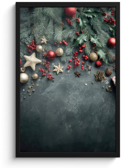 Poster in lijst - Fotolijst 40x60 cm - Posters - Kerstomlijsting - Hulst - Kleurrijk - Posterlijst zwart - Decoratie - Wanddecoratie woonkamer - Muurdecoratie slaapkamer - Kerstversiering - Kerstdecoratie voor binnen - Kerstmis