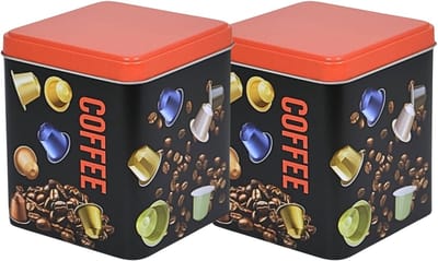 Excellent Houseware Koffie cupjes bewaarblik - 4x - zwart - cupjes en bonen print - 10 x 10 x 12 cm - bewaarbus