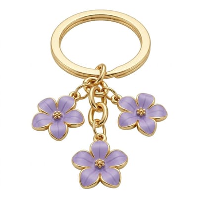 Goudkleurige bloemen sleutelhanger metalen sleutelhanger dames met paarse sakura hanger set van drie bloemen, decoratieve keychain met ronde sleutelring voor sleutels en tas