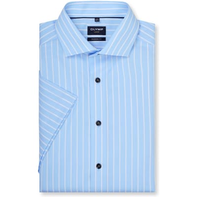 Modern fit Olymp blauw gestreept korte mouw donkere knoop
