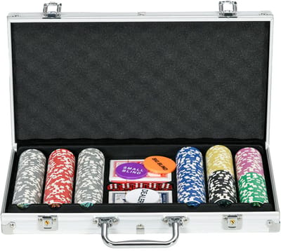 Luxe Pokerset met 300 Chips - 2 Kaartspellen - 5 Dobbelstenen - Aluminium Koffer met Voetstuk - 38 x 23 x 6,5 cm - Pokerchips Complete Set - Pokerspel - Kaartspellen - voor Texas Hold'em, Blackjack