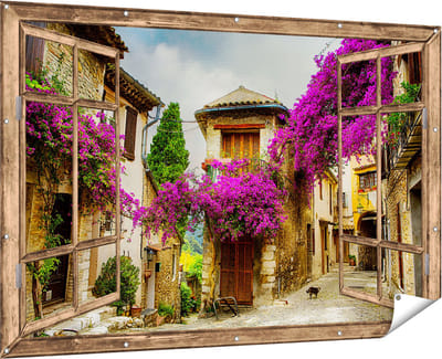 Gards Tuinposter Doorkijk Frans Dorpje - 180x120 cm - Tuindoek - Tuindecoratie - Wanddecoratie buiten - Tuinschilderij