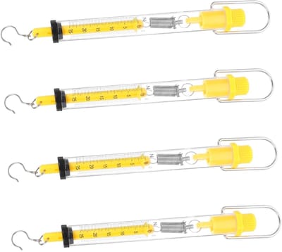 Veerweegschaal - Set van 4 buisvormige veerweegschalen, Newton-krachtdynamometer, met haak, doorzichtige kunststof behuizing, geschikt voor natuurkundige experimenten, geel
