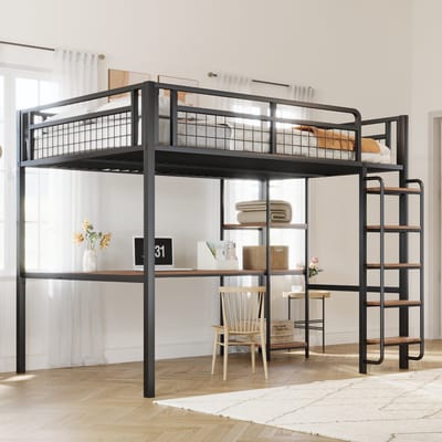 Metalen Hoogslaper 140*200 cm, Veiligheidsladder met Trap, Kinderbed met Tafel en Plank, Jeugdbed, Bed voor Volwassenen, Veiligheidshek van Metaalgaas, Zwart