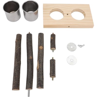 Support Perchoir en Bois Bols Suspendus Nourriture pour Oiseaux Tasses en Acier Inoxydable Support Perchoir en Bois Mangeoire Suspendue beige