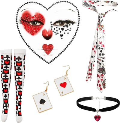 Speelse Hart Koningin Kostuum voor Vrouwen - 7-delige Carnavalsoutfit met Pokerkaarten, Strik, Kousen en Choker Accessoires in Rood, Wit en Zwart, One Size