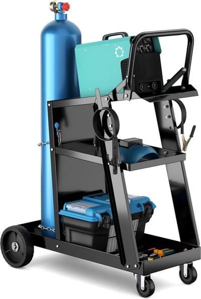 COSTWAY Laswagen met 3 legvlakken, lasmobiel wagen voor zweet-apparaten, laswagen met kantelbeveiligingskettingen, metalen gereedschapswagen voor TIG MIG lasser & plasmasnijder