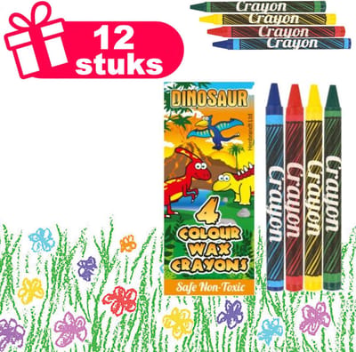 Henbrandt - 12 Stuks 4-Delige Dinosaurus Waskrijtjes Sets - Kleurkrijtjes kinderen in de kleuren: Groen, Geel, Rood, Blauw - Traktatie uitdeelcadeautjes - Traktaties en kinderverjaardagen - Klein grabbelton speelgoed voor in traktatie uitdeelzakjes