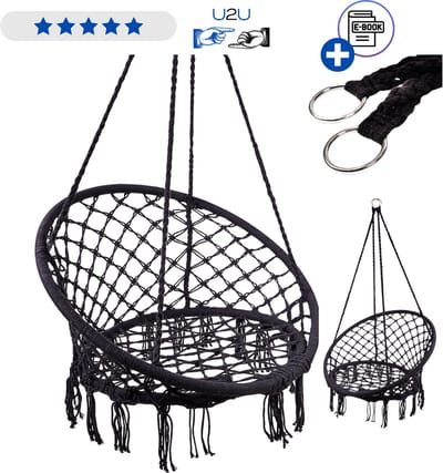 Nestschommel 80 cm zwart - stork nest schommel met rugleuning - hangstoel voor binnen en buiten - stevige touwen en metalen frame - schommel voor kinderen en volwassenen tot 150 kg tuin schommel stoel relax hangstoel Met Ebook