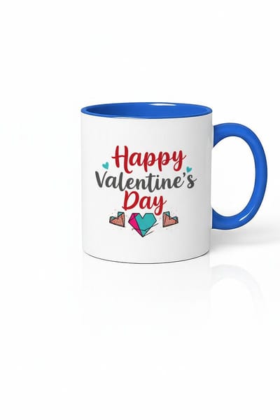 Witte Happy Valentine's Day Mok | Blauwe Binnenkant & Handvat | Valentijnscadeau Met Harten Design