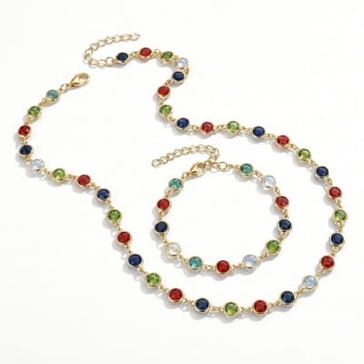 Goudkleurige ketting en armband voor dames met ronde meerkleurige kralen – sieradenset