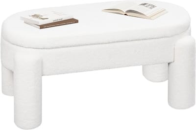 Moderne opbergbank van teddystof met voetensteun - 114 x 47 x 53 cm - Schoenenbank voor slaapkamer, woonkamer en ingang - Draagkracht 250 kg - Wit