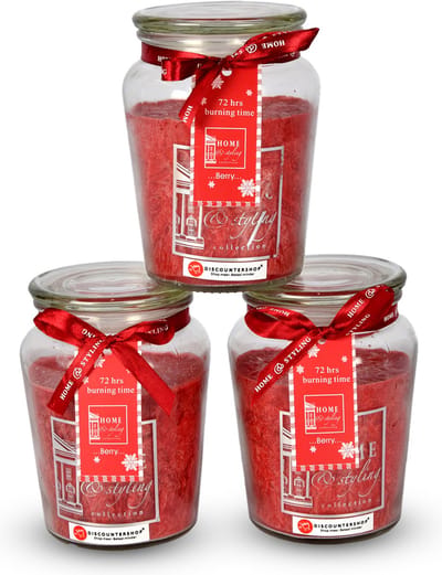 Discountershop Geurkaarsen in Glazen Mason Jar - Set van 3 - Rood - Besgeur - 72 uur Brandtijd - Kerst & Valentijn Cadeau