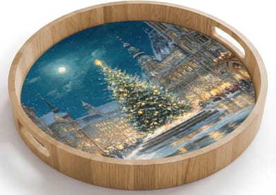 Dienblad rond 40x40 cm - Schootdienblad hout - Kerstnacht - Stadsplein - Meerkleurig - Borrelplank rechthoek - Plateau houten dienbladen