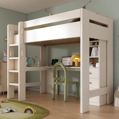 Kinderstapelbed met L-vormig bureau, planken en lades met USB/Type-C-oplaadzone, eenpersoonsbed voor jongeren met ladder en houten lattenbodem, 90×200 cm, wit, zonder matras.
