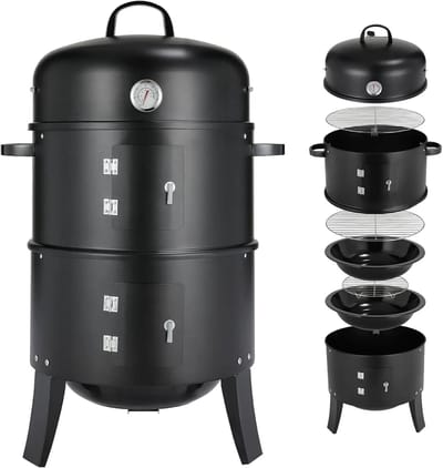 Damenzo - Bbq - Bbq houtskool - 3 in 1 - Grill - Grill apparaat - Rookoven - Buiten koken - Met deksel en thermometer - Ø45cm - Zwart