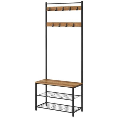 Ochama Kapstok, Halboom met Schoenopbergbank, 32 x 70 x 177 cm, Industrieel, Rustiek Walnoot, Zwart