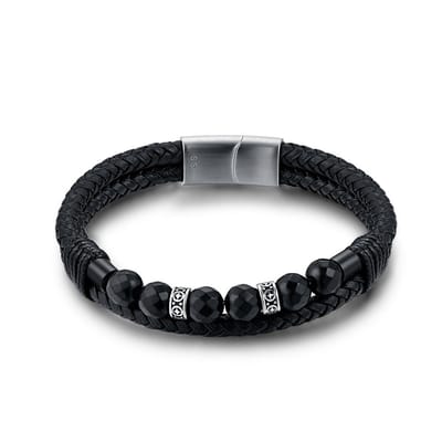 Twice As Nice Armband in edelstaal, dubbel gevlochten zwart leder, 6 zwarte bollen 21cm