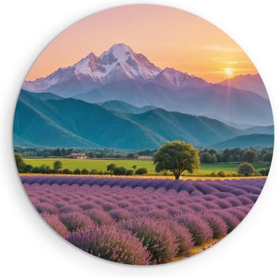 Saammp Muurcirkel Hout - Bloemen - Lavendel met bergachtig landschap - Natuur - Ø 90 - Wandcirkel - Wanddecoratie Cirkel - Muurdecoratie Woonkamer - Slaapkamer decoratie - Rond Schilderij