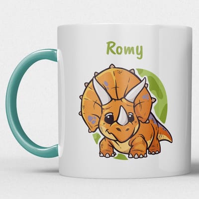 kindermok\kinderbeker | gepersonaliseerd met naam | met dino/dinosaurus | zeegroen blauw | Schattige illustraties