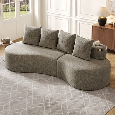 MODFU Bank - Met Bekerhouders En Zijvakken - Modern - Voor Woonkamer - Linnen - Kaki - 240 X 109 X 60 Cm