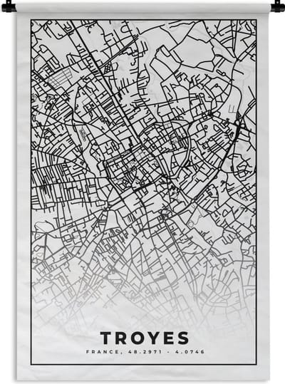 Wandkleed - Wanddoek - Stadskaart - Plattegrond - Troyes - Kaart - Frankrijk - Zwart wit - 120x180 cm - Wandtapijt