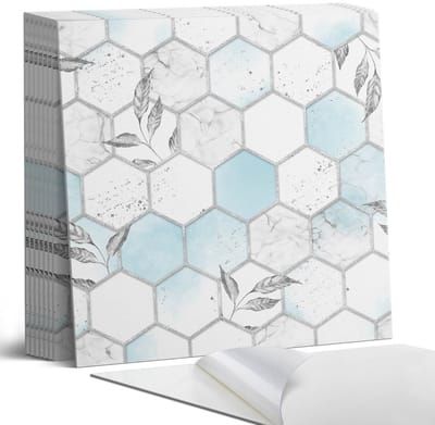 Coloray Plaktegels - Zeshoekig patroon met bladeren Portugese Tegels - 30 cm x 30 cm - Turkoois Plaktegels - 9 stuks - Vierkant PVC Tegels - Plaktegels Keuken - Zelfklevende Vloertegels - Vinyl Tegels Zelfklevend - Zelfklevende Tegels