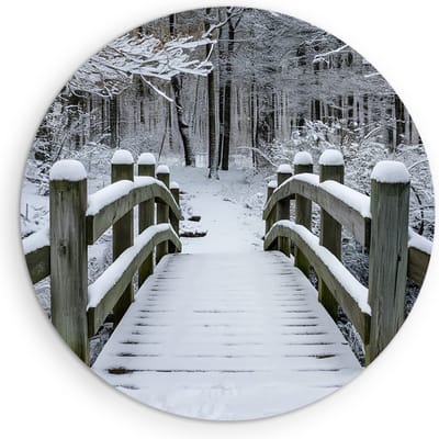 Saammp Muurcirkel Hout - Brug in de winter - Landschap - Natuur - Ø 90 - Wandcirkel - Wanddecoratie Cirkel - Muurdecoratie Woonkamer - Slaapkamer decoratie - Rond Schilderij