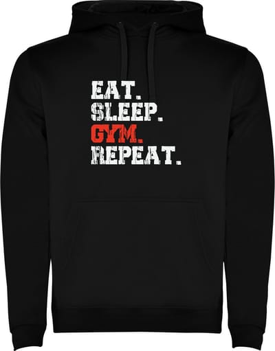 Zwarte unisex hoodie met “ Kleurrijke Eat Sleep GYM Repeat – Eet Slaap Sport Herhaal – Sport – Humor – Zet Door – Niet opgeven “ Print Full Color merk Roly maat XL