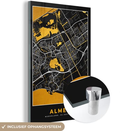 MuchoWow® Glasschilderij 40x60 cm - Schilderij acrylglas - Plattegrond - Almere - Goud - Zwart - Foto op glas - Schilderijen - Stadskaart