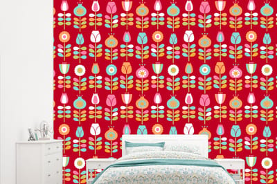 Behang - Fotobehang Patronen - Bloemen - Retro - Rood - Breedte 315 cm x hoogte 260 cm
