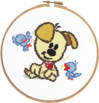 Pako Borduurpakket - telpatroon - Woezel & Pip kids Pip met vogeltjes - 271.050 - voorgesorteerd garen - Aida - 17 cm Rond - DIY kit