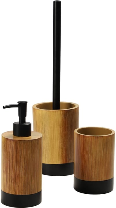 KADAX Badkamerset, zeepdispenser, tandenborstelbeker en wc-borstel, badkameraccessoires van robuust polyhars, badkameraccessoireset in houtlook, badkameraccessoires (hout zwart)