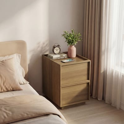 DESMIU Nachtkastje - Minimalistisch Design Met 2 Greeploze Laden - Voor Slaapkamer Of Als Bijzettafel - MDF En Spaanplaat - 38x48x55 Cm - Eikenkleur
