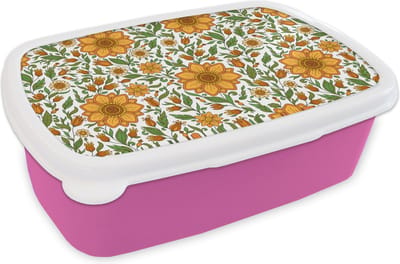 Broodtrommel Roze - Lunchbox - Brooddoos - Bloemen - Oranje - Design - 18x12x6 cm - Kinderen - Meisje