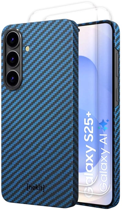 NEKIT Fiber Hoesje met 2-Pack Screenprotector Geschikt voor Samsung Galaxy S25 Plus | Compatibel met MagSafe & Qi2 | Kevlar Back Cover | GRS Gerecycled Glas | 9H+ Gehard | met Installatiebox | Blauw