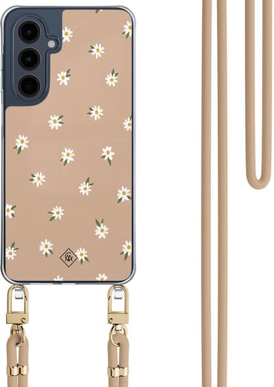 Casimoda® hoesje met beige koord - Geschikt voor Samsung A16 - Sweet Daisies - Afneembaar koord - TPU/polycarbonaat - Bruin/beige