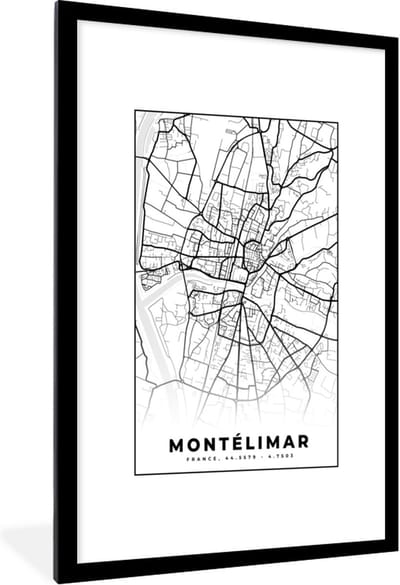 Fotolijst incl. Poster Zwart Wit- Frankrijk – Plattegrond – Stadskaart – Montélimar - Kaart - Zwart wit - 80x120 cm - Posterlijst
