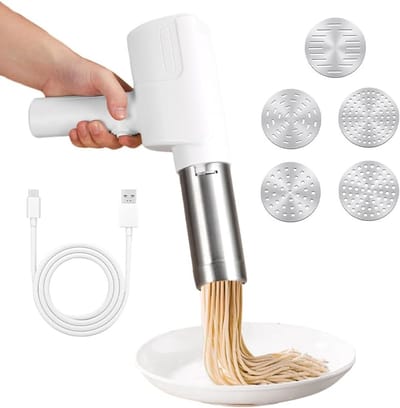 Draagbare Elektrische Pastamaker, Oplaadbare 2000 mAh Machine met 5 Persmallen voor Zelfgemaakte Pasta en Spaghetti