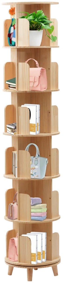 LabelOne Boekenkast - Boekenrek - Roterende Boekenkast - 360 graden draaibaar - 6-laags - 196 cm hoog - 45 cm doorsnede - hout