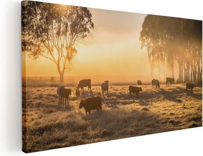 Artaza Canvas Schilderij Koeien - 40x20 cm - Klein - Wanddecoratie Zonsondergang - Muurdecoratie Boom - Schilderijen Op Canvas Natuur