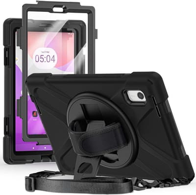 Hoes met ingebouwde Screenprotector Geschikt voor Lenovo Tab M9 | Inclusief 360° Draaibare Handriem en Schouderriem | Extreme bescherming | Ideaal voor zakelijk gebruik | Zwart
