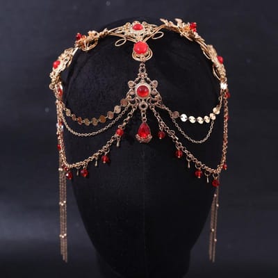 Rood Paars Druppel Kristal Lange Ketting Antiek Exotisch Etnisch Bruid Bruiloft Hoofddeksel Haaraccessoires voor Vrouwen Handgemaakte Haarsieraden black