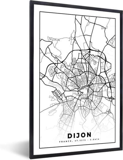 Fotolijst incl. Poster Zwart Wit- Frankrijk - Dijon - Plattegrond - Stadskaart - Kaart - Zwart wit - 40x60 cm - Posterlijst