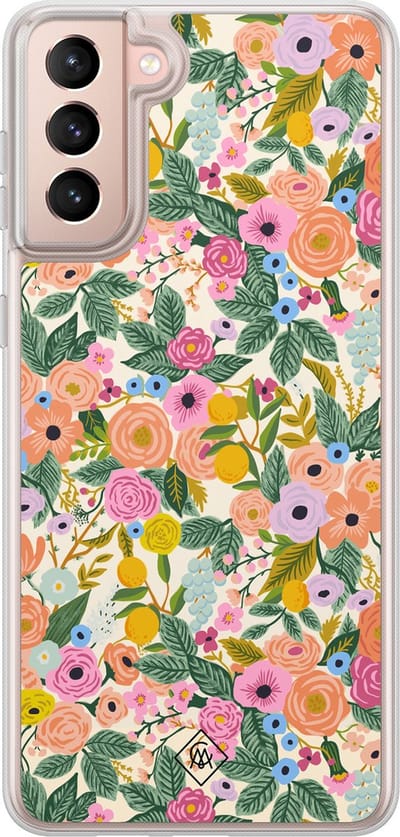 Casimoda® hoesje - Geschikt voor Samsung Galaxy S21 Plus - Pink Gardens - 2-in-1 case - Schokbestendig - Bloemen - Verhoogde randen - Roze, Transparant