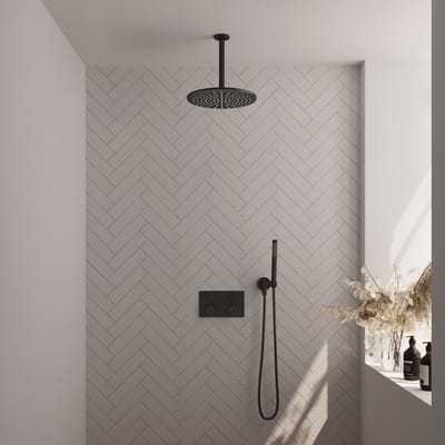 Brauer Black Edition thermostatische inbouw regendouche met drukknoppen SET 54 met 30 cm douchekop en plafondarm en staaf handdouche en doucheslang en wandaansluitbocht mat zwart